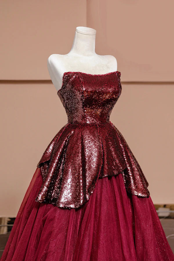 Wholesale Burgundy Tulle Sequins Long Prom Dress A-Line Strapless Evening Party Dress